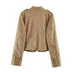 Women's short-cut cavalry jacket made of suede look with decorative button placket and epaulettes Fashion Glam