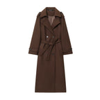 Women Long Double-breasted Trench Coat with Belt and Shoulder Straps Fashion Glam