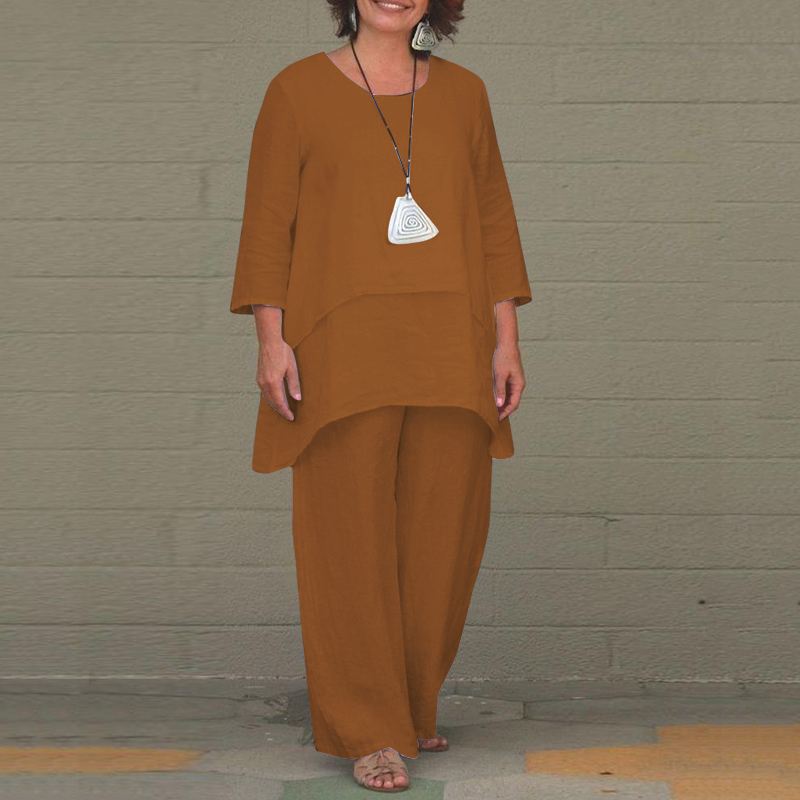 Women's Casual Two-Piece Linen Set with Oversized Tunic and Wide Palazzo Pants Fashion Glam