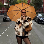 Women's Short Patchwork Faux Fur Jacket with Zipper and Boxy Silhouette Fashion Glam