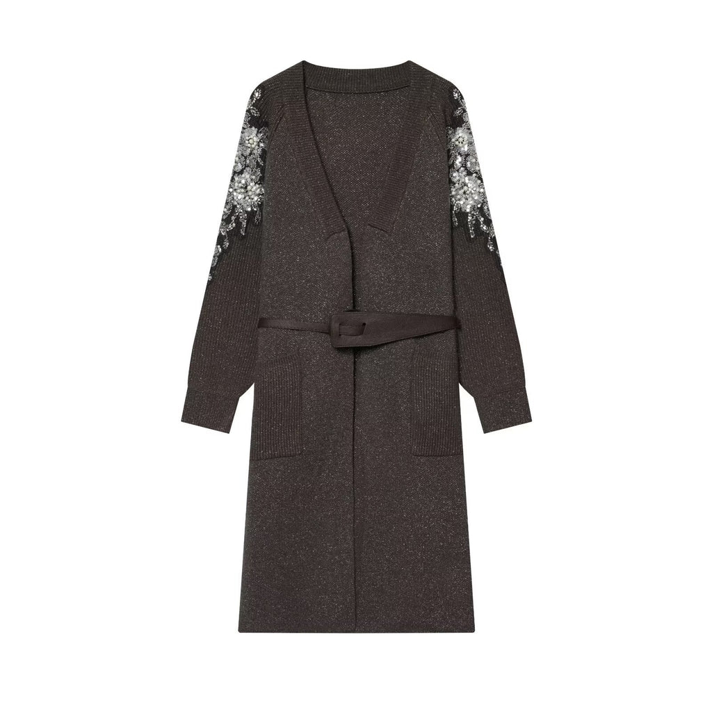 Women's Long Knit Coat-Cardigan with Waist Belt and Sequin Sleeves Fashion Glam