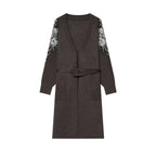 Women's Long Knit Coat-Cardigan with Waist Belt and Sequin Sleeves Fashion Glam
