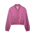 Women Cropped Satin Bomber Jacket with Zipper, Flap Pockets and Ribbed Cuffs Fashion Glam