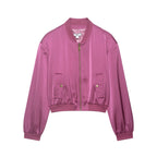 Women Cropped Satin Bomber Jacket with Zipper, Flap Pockets and Ribbed Cuffs Fashion Glam
