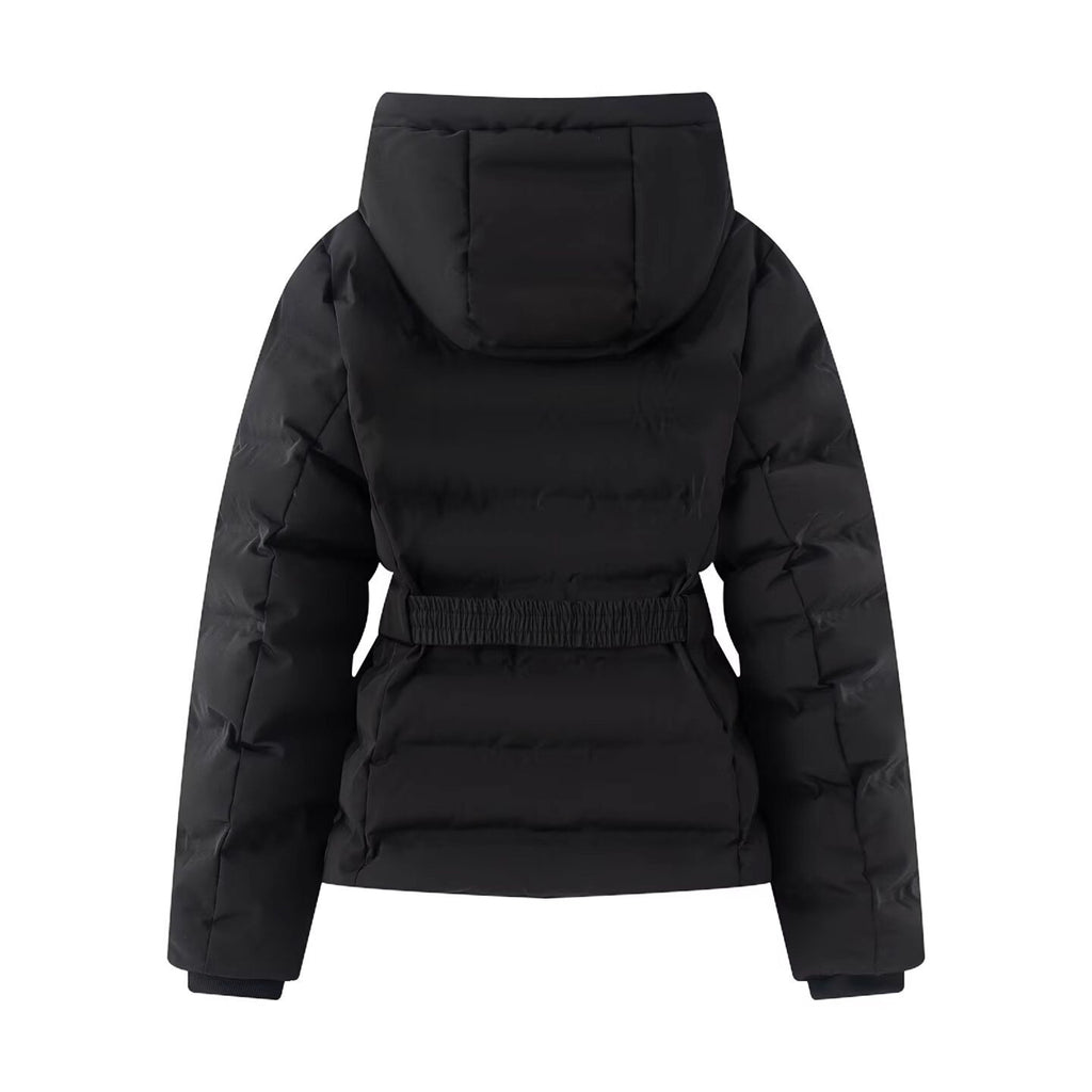 Women's Shiny Down-Look Quilted Jacket with Hood and Tailored Drawstring Belt Fashion Glam
