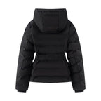 Women's Shiny Down-Look Quilted Jacket with Hood and Tailored Drawstring Belt Fashion Glam