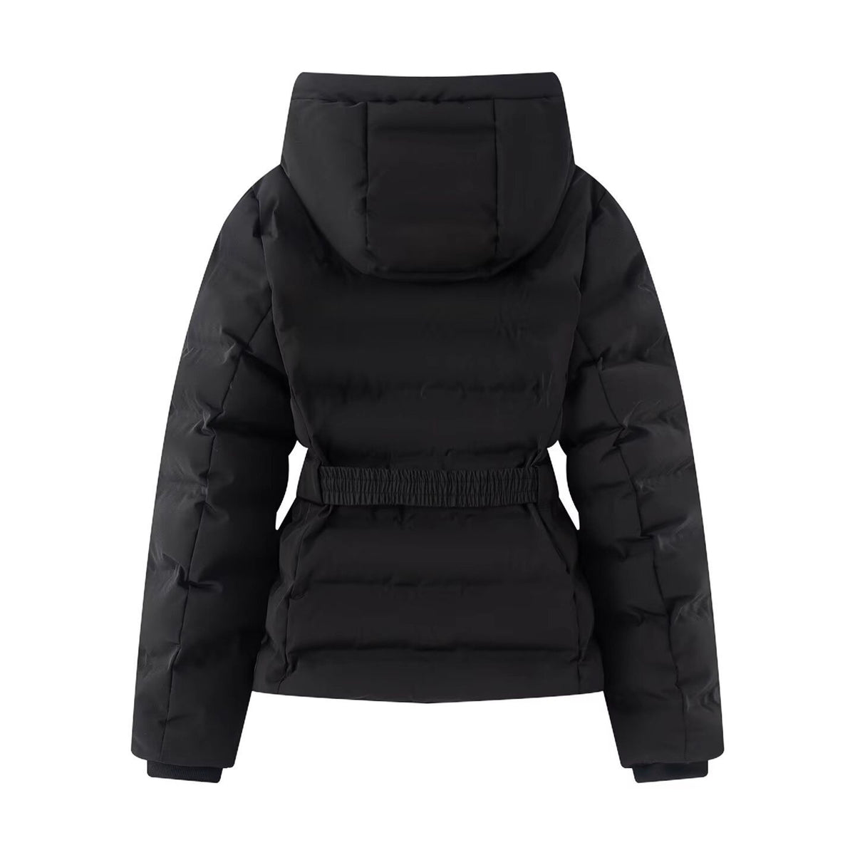 Women's Shiny Down-Look Quilted Jacket with Hood and Tailored Drawstring Belt Fashion Glam