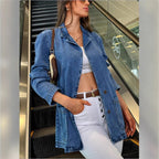 Women tailored denim jacket with stand-up collar, four flap pockets and slightly flared hem Fashion Glam