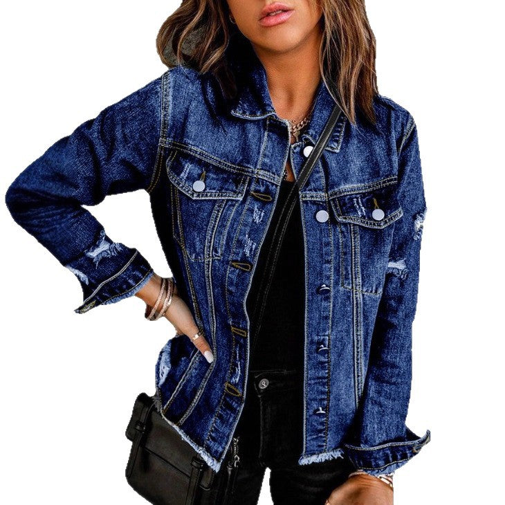 Women's Waist-Cinched Denim Trucker Jacket with Light Destroyed Effect and Fringed Hem Fashion Glam