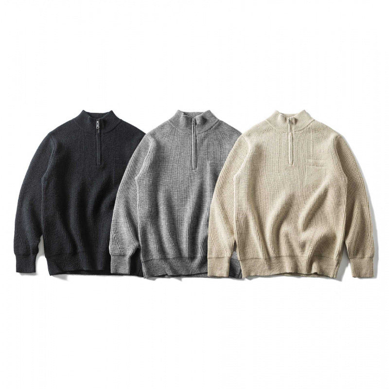 Unisex Coarse Knitted Half-Zip Sweater with Troyer Collar and Chest Pocket Fashion Glam