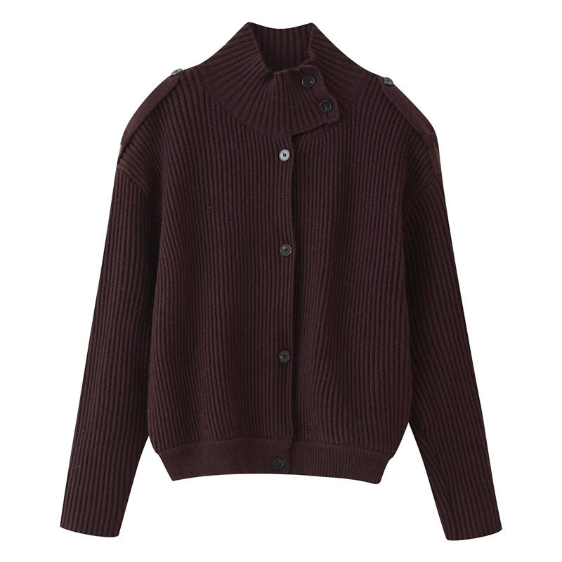 Women's Ribbed Knitted Cardigan with Stand-up Collar and Shoulder Button Detail Fashion Glam