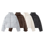 Women's Cropped Oversize Puffer Jacket with High Stand Collar and Two-Way Zipper Fashion Glam
