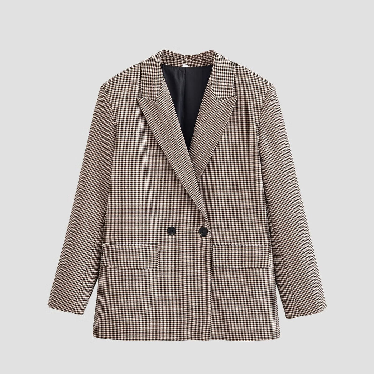 Women's Double-Breasted Oversized Blazer with Houndstooth Check and Flap Pockets Fashion Glam