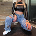 Ladies High-Waisted Baggy Jeans with Large Destruction Rips and Frayed Hem Fashion Glam