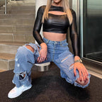 Ladies High-Waisted Baggy Jeans with Large Destruction Rips and Frayed Hem Fashion Glam