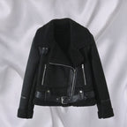Women's Short Cut Lambskin Imitation Biker Jacket with Asymmetric Zipper, Belt and Teddy Lining Fashion Glam