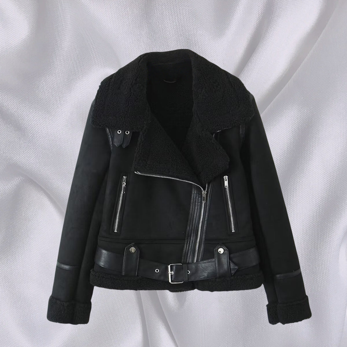 Women's Short Cut Lambskin Imitation Biker Jacket with Asymmetric Zipper, Belt and Teddy Lining Fashion Glam