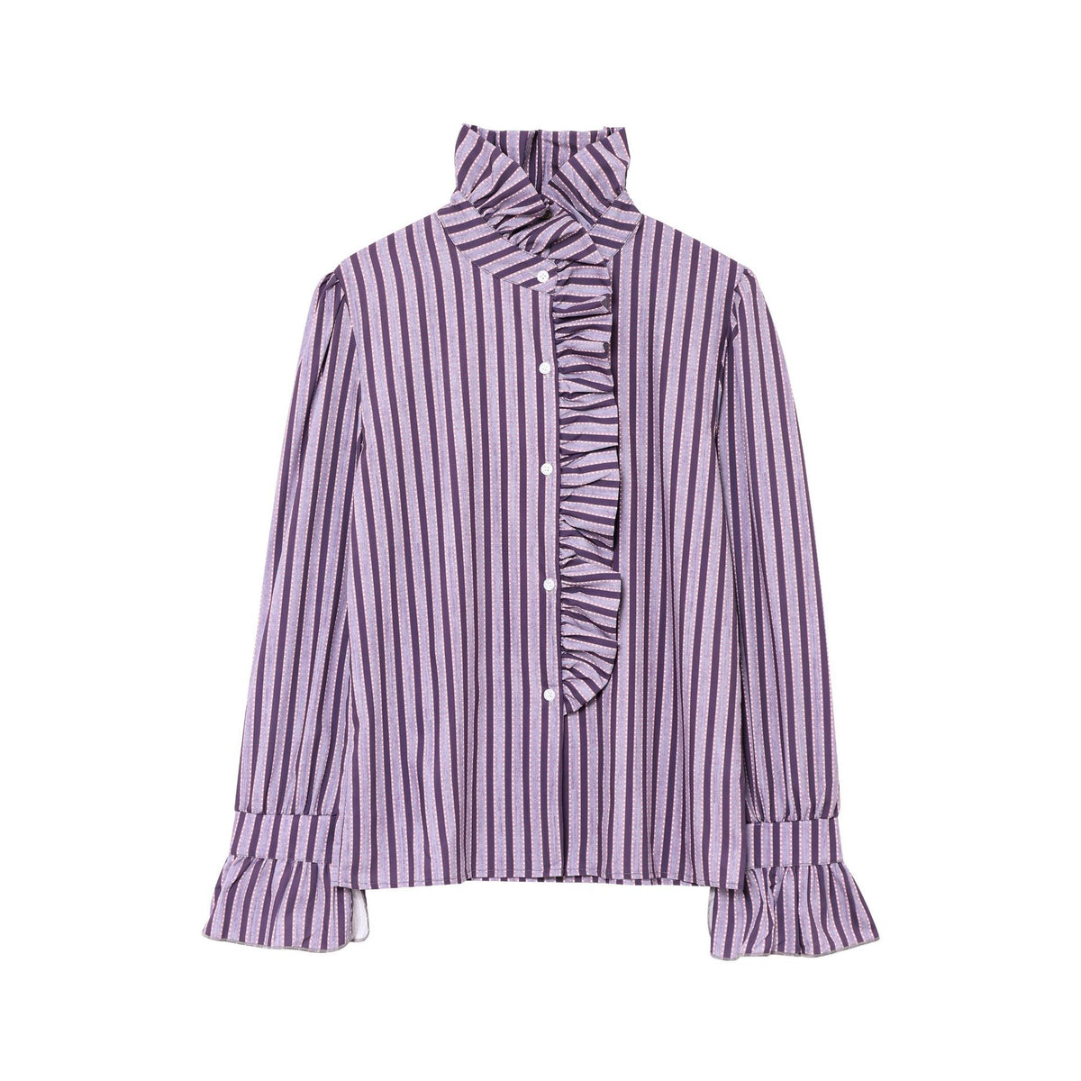 Women's Striped Ruffle Blouse with Stand-Up Collar and Flounce Cuffs Fashion Glam
