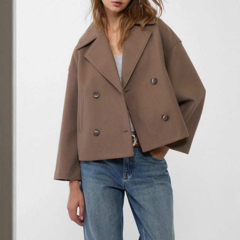 Women's Short Double-Breasted Wool Blend Peacoat with Oversized Lapels Fashion Glam