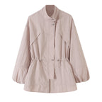 Women's Tailored Windbreaker with Drawstring, Stand Collar and Balloon Sleeves Fashion Glam