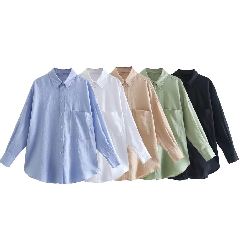 Women's Oversized Shirt Blouse made of Linen Blend with Dropped Shoulder and Chest Pocket Fashion Glam
