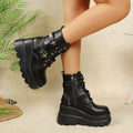 Ladies Padded Platform Biker Ankle Boots with Buckles and Studs Fashion Glam