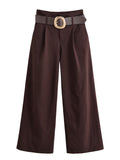 Women's High-Waisted Culotte Palazzo Trousers with Pleats and Wide Decorative Belt Fashion Glam