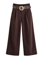 Women's High-Waisted Culotte Palazzo Trousers with Pleats and Wide Decorative Belt Fashion Glam