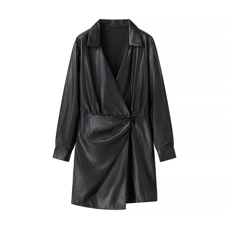 Ladies' wrap mid coat made of faux leather with knot detail and shirt collar Fashion Glam