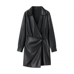 Ladies' wrap mid coat made of faux leather with knot detail and shirt collar Fashion Glam