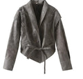 Women short jacket in velour look with shawl collar, belt at waist and decorative lacing Fashion Glam