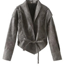 Women short jacket in velour look with shawl collar, belt at waist and decorative lacing Fashion Glam