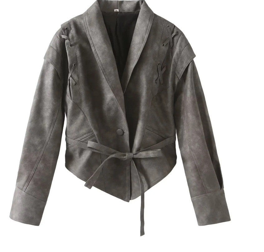 Women short jacket in velour look with shawl collar, belt at waist and decorative lacing Fashion Glam