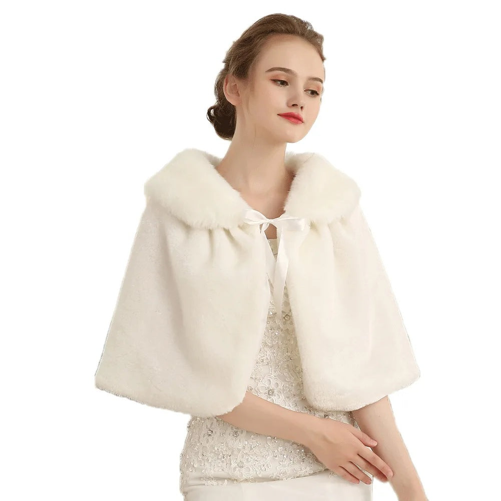 Women's Elegant Faux Fur Capelet with Bow Closure and Wide Overlapping Collar Fashion Glam