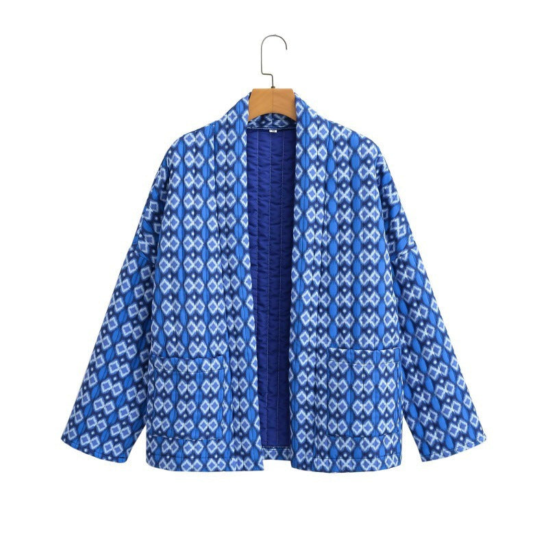 Women Quilted Kimono Overlay Jacket with Open Cut and Patch Pockets Fashion Glam