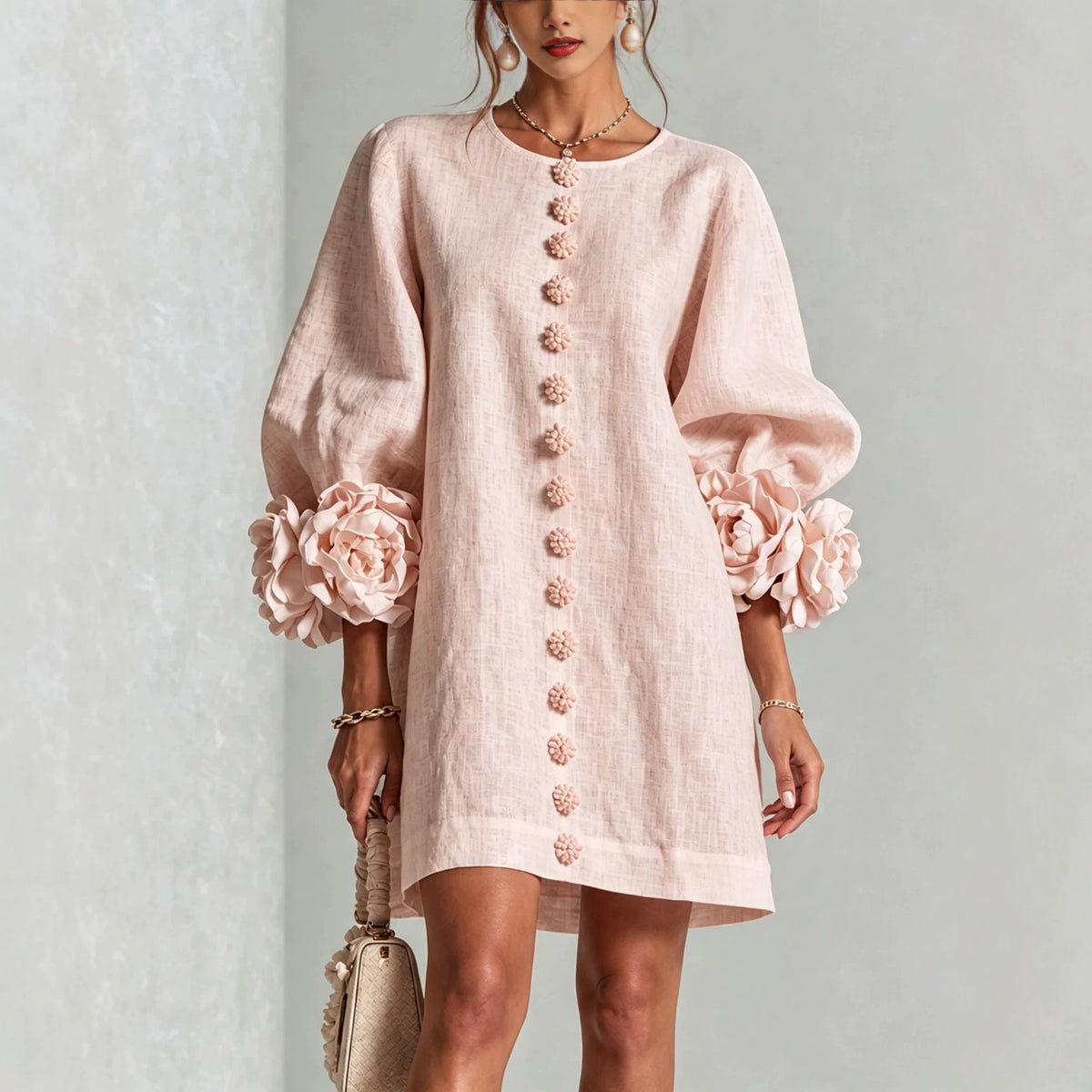 Ladies linen dress in A-line cut with balloon sleeves and 3D flower decoration Fashion Glam