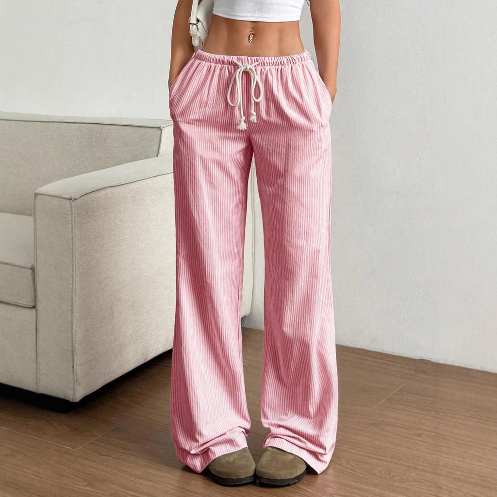 Ladies Wide Leisure Pants with Drawstring, Elastic Waistband and Fine Stripe Texture Fashion Glam
