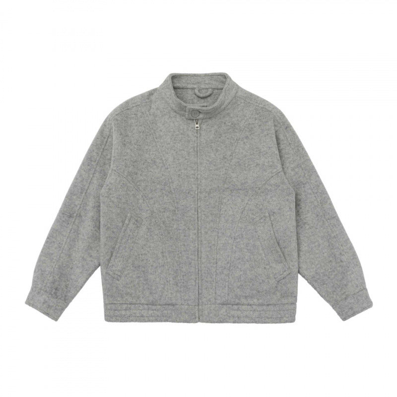 [Unisex] Boxy Wool Blend Zip Jacket in Overshirt Style with Short Stand-Up Collar Fashion Glam