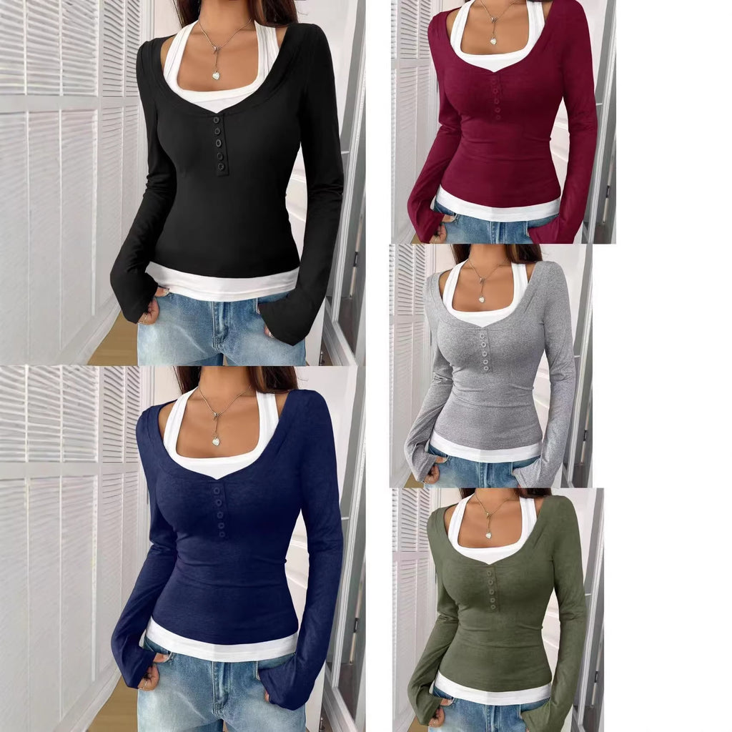 Women's fitted long-sleeve Henley shirt with deep U-neck and button placket Fashion Glam