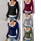 Women's fitted long-sleeve Henley shirt with deep U-neck and button placket Fashion Glam