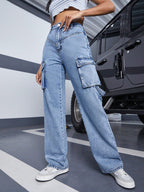 Women High-Waist wide Cargo Jeans with V-seam and large flap pockets Fashion Glam