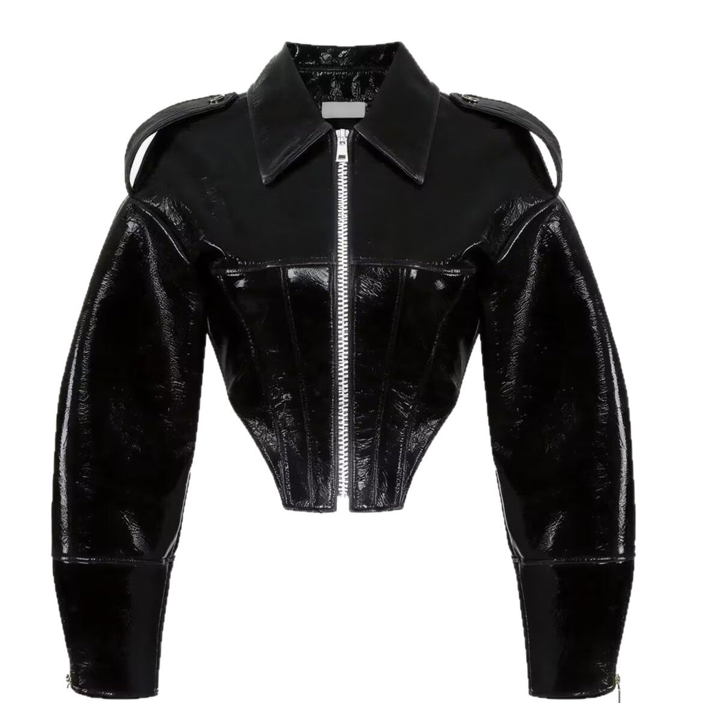 women's short-cut faux patent leather blouson with tailored corset cut Fashion Glam