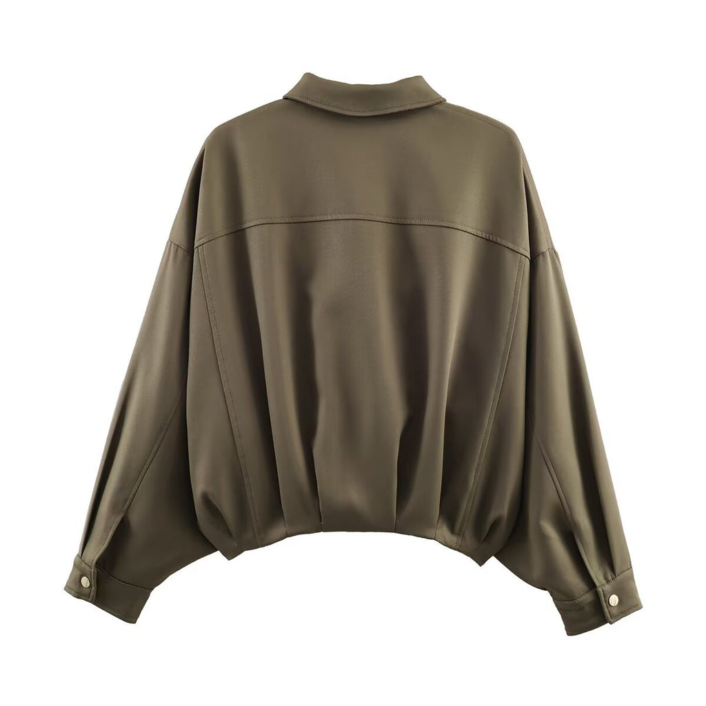 Women's Oversized Short Jacket with Flap Pockets, Drop Sleeves, and Elastic Hem Fashion Glam