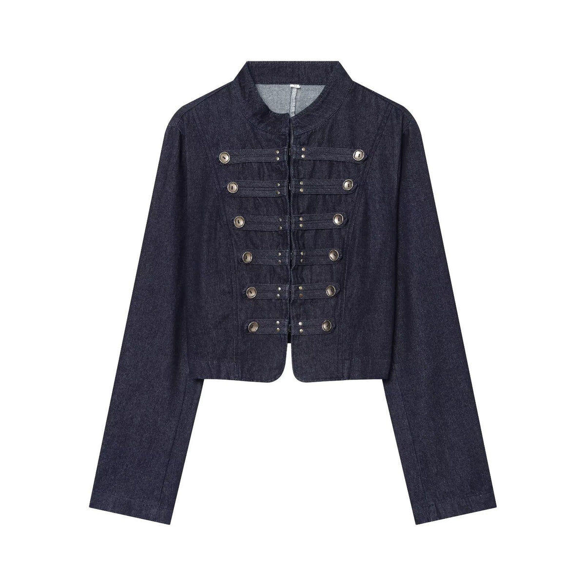 Women Cropped Denim Military Jacket with Stand-Up Collar and Decorative Button Placket Fashion Glam