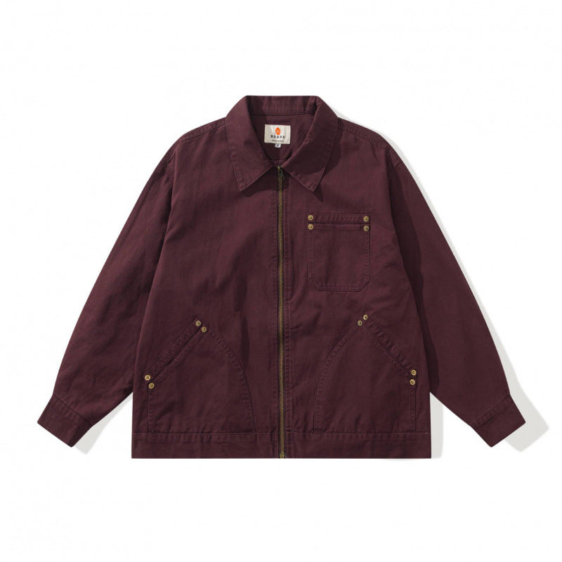 Unisex Boxy Canvas Worker Jacket with Front Zip and Stud Applications Fashion Glam
