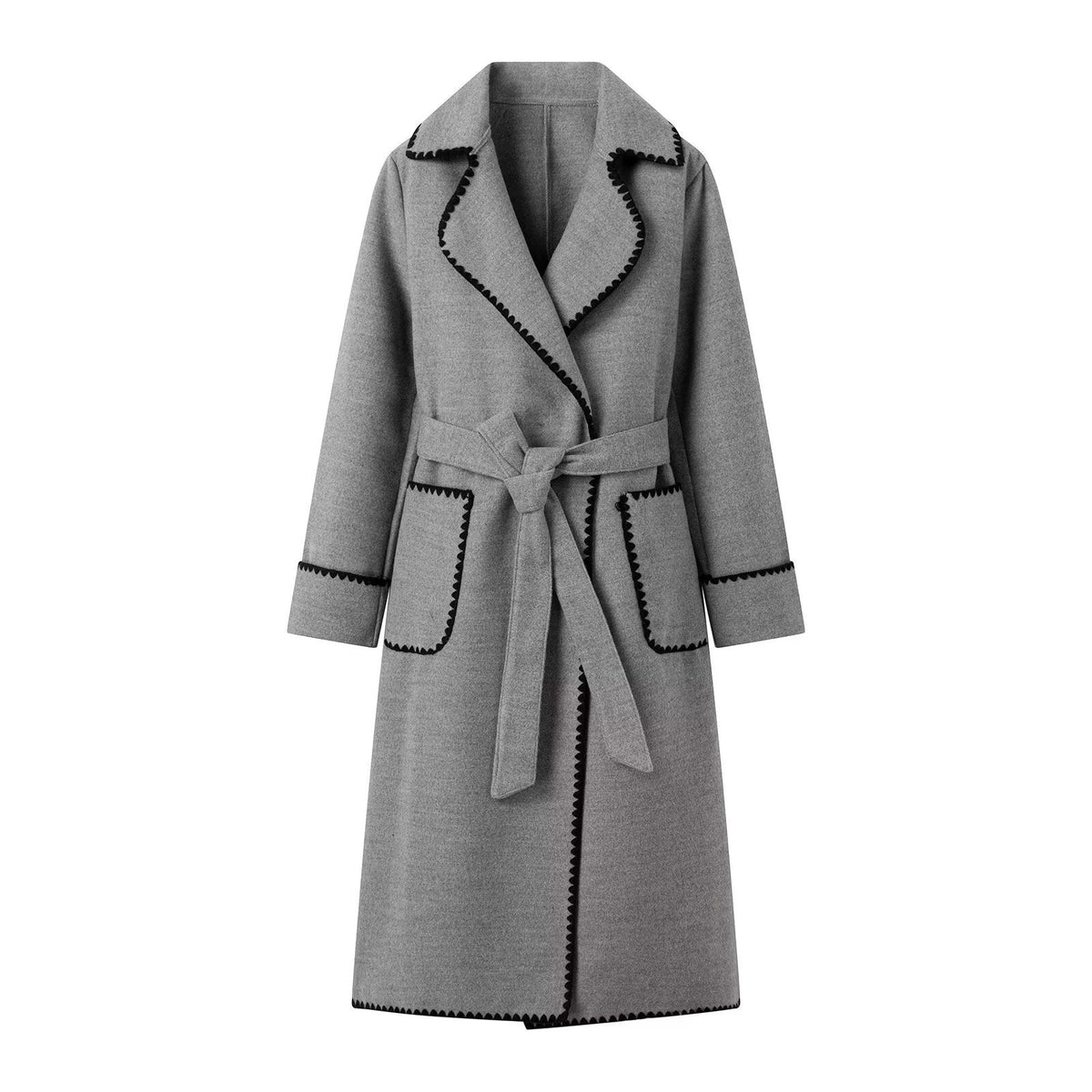 Women's Tailored Wool Blend Long Coat with Belt and Contrasting Zigzag Trim Fashion Glam