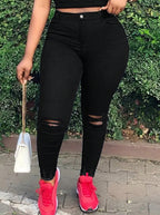 Women high-waisted body-shaping skinny jeans with knee rips and butt-lifting waistband Fashion Glam