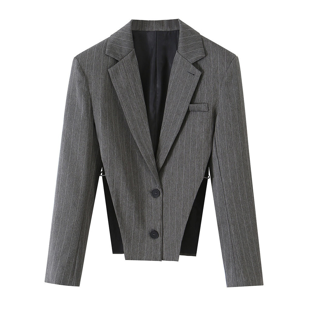 Women's Short Cut Pinstripe Blazer with Side Cut-Outs and Lacing Detail Fashion Glam