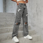 Ladies High-Waist Destroyed Wide-Leg Jeans with Knee Cutouts Fashion Glam