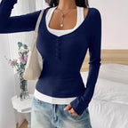 Women's fitted long-sleeve Henley shirt with deep U-neck and button placket Fashion Glam
